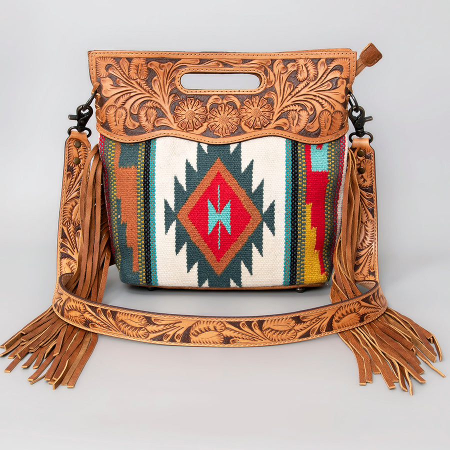 American Darling Western Clutch Bag Hand Tooled Floral Carved Hand Woven Saddle Blanket Leather Crossbody with Fringes
