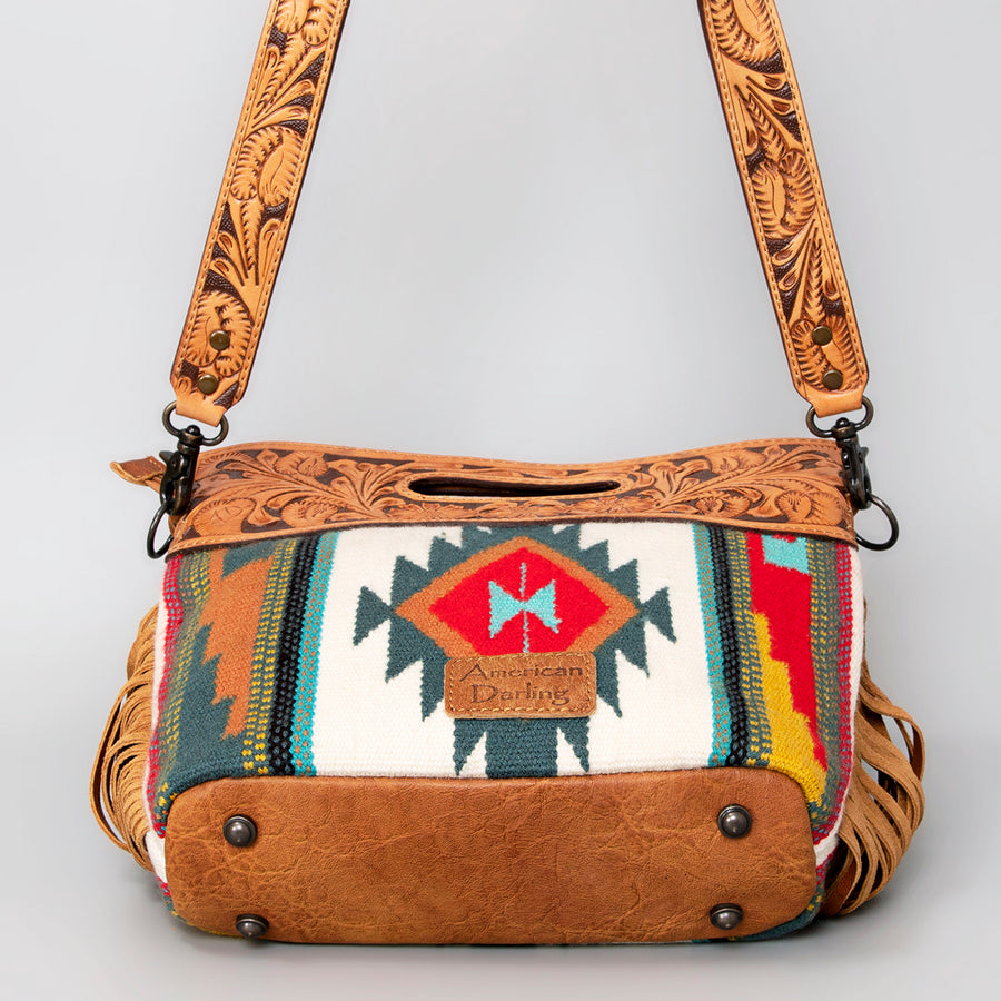 American Darling Western Clutch Bag Hand Tooled Floral Carved Hand Woven Saddle Blanket Leather Crossbody with Fringes