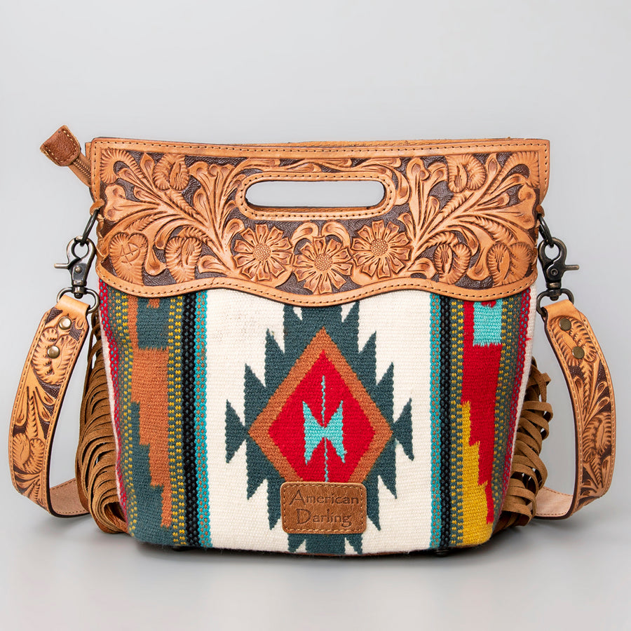 American Darling Western Clutch Bag Hand Tooled Floral Carved Hand Woven Saddle Blanket Leather Crossbody with Fringes