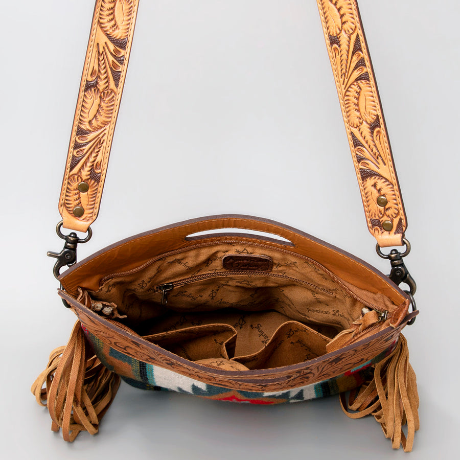 American Darling Western Clutch Bag Hand Tooled Floral Carved Hand Woven Saddle Blanket Leather Crossbody with Fringes