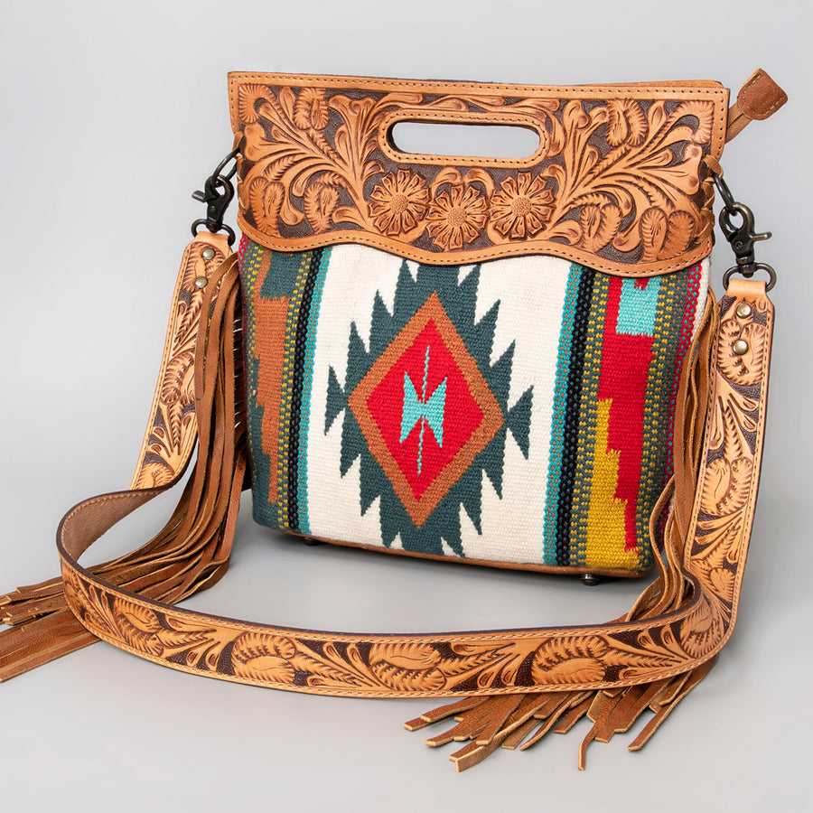 American Darling Hand Tooled Floral and Hand Woven Saddle Blanket Signature Cross body Bag - Uhorse