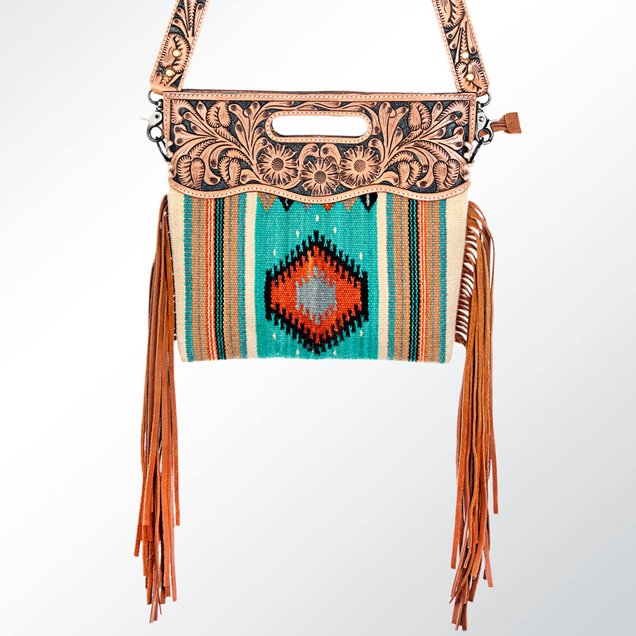 American Darling Western Clutch Bag Hand Tooled Floral Carved Hand Woven Saddle Blanket Leather Crossbody with Fringes