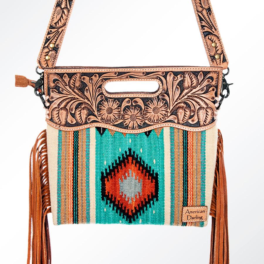 American Darling Western Clutch Bag Hand Tooled Floral Carved Hand Woven Saddle Blanket Leather Crossbody with Fringes