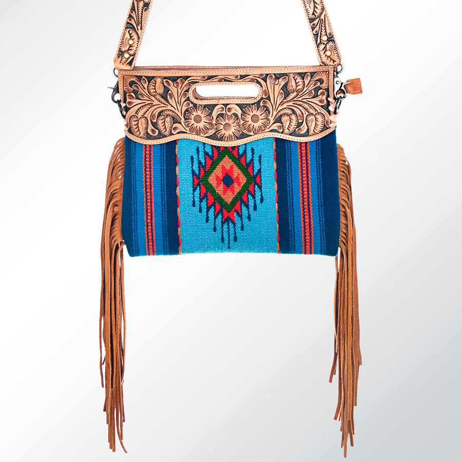American Darling Western Clutch Bag Hand Tooled Floral Carved Hand Woven Saddle Blanket Leather Crossbody with Fringes