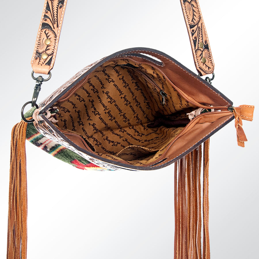 American Darling Western Clutch Bag Hand Tooled Floral Carved Hand Woven Saddle Blanket Leather Crossbody with Fringes