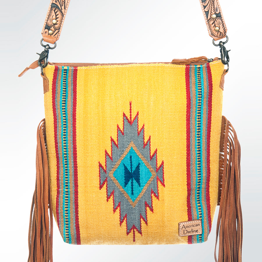 American Darling Signature Cross Body Bag Hand Tooled Floral Carved Leather Woven Saddle Blanket Fringes Genuine Leather