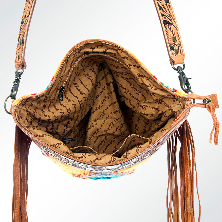 American Darling Signature Cross Body Bag Hand Tooled Floral Carved Leather Woven Saddle Blanket Fringes Genuine Leather