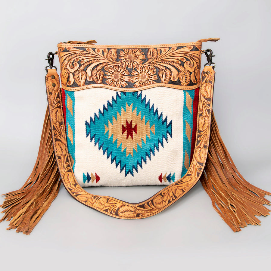 American Darling Signature Cross Body Bag Hand Tooled Floral Carved Leather Woven Saddle Blanket Fringes Genuine Leather