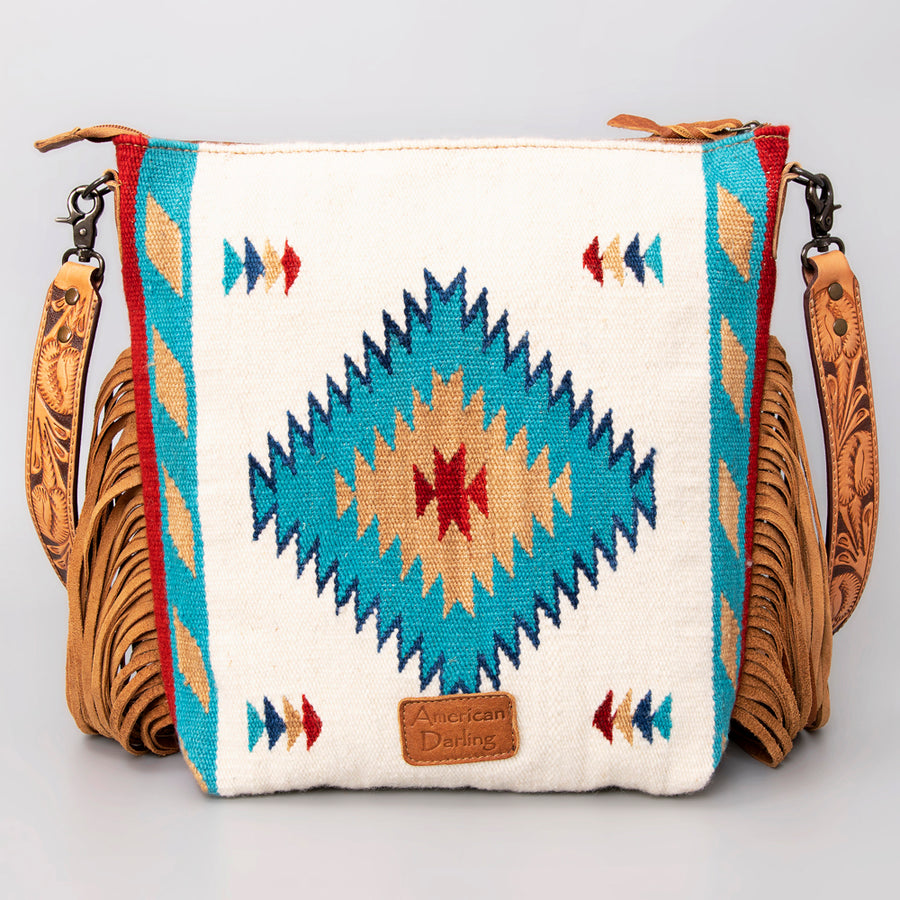 American Darling Signature Cross Body Bag Hand Tooled Floral Carved Leather Woven Saddle Blanket Fringes Genuine Leather