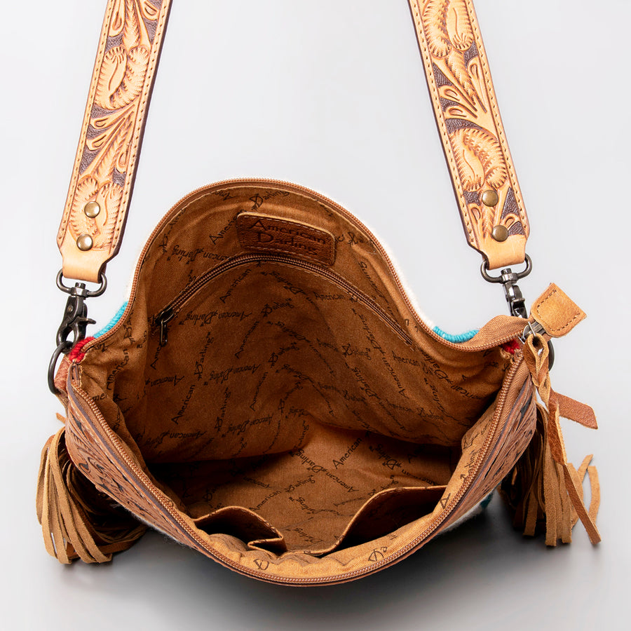 American Darling Signature Cross Body Bag Hand Tooled Floral Carved Leather Woven Saddle Blanket Fringes Genuine Leather