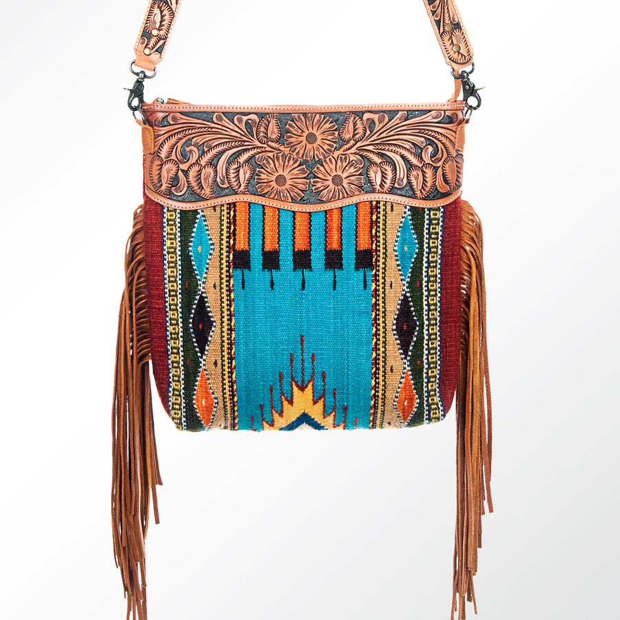 American Darling Signature Cross Body Bag Hand Tooled Floral Carved Leather Woven Saddle Blanket Fringes Genuine Leather