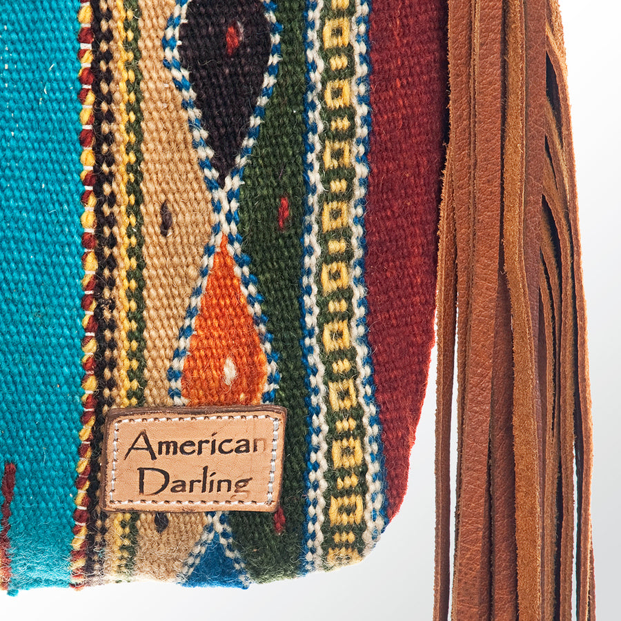 American Darling Signature Cross Body Bag Hand Tooled Floral Carved Leather Woven Saddle Blanket Fringes Genuine Leather