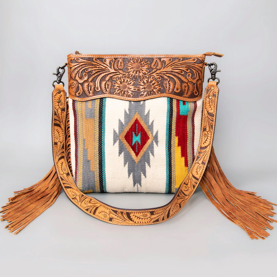 American Darling Signature Cross Body Bag Hand Tooled Floral Carved Leather Woven Saddle Blanket Fringes Genuine Leather