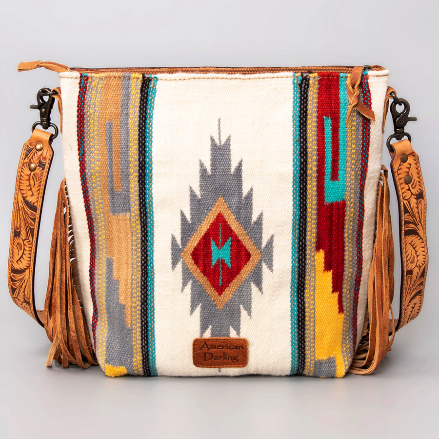 American Darling Signature Cross Body Bag Hand Tooled Floral Carved Leather Woven Saddle Blanket Fringes Genuine Leather