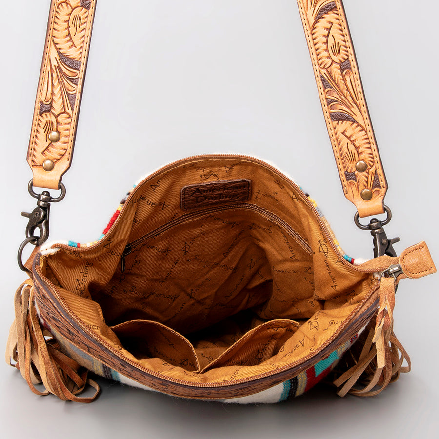 American Darling Signature Cross Body Bag Hand Tooled Floral Carved Leather Woven Saddle Blanket Fringes Genuine Leather