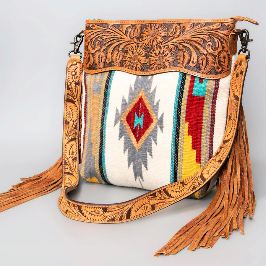 American Darling Hand Tooled Floral and Hand Woven Saddle Blanket Signature Cross Body Bag - Uhorse