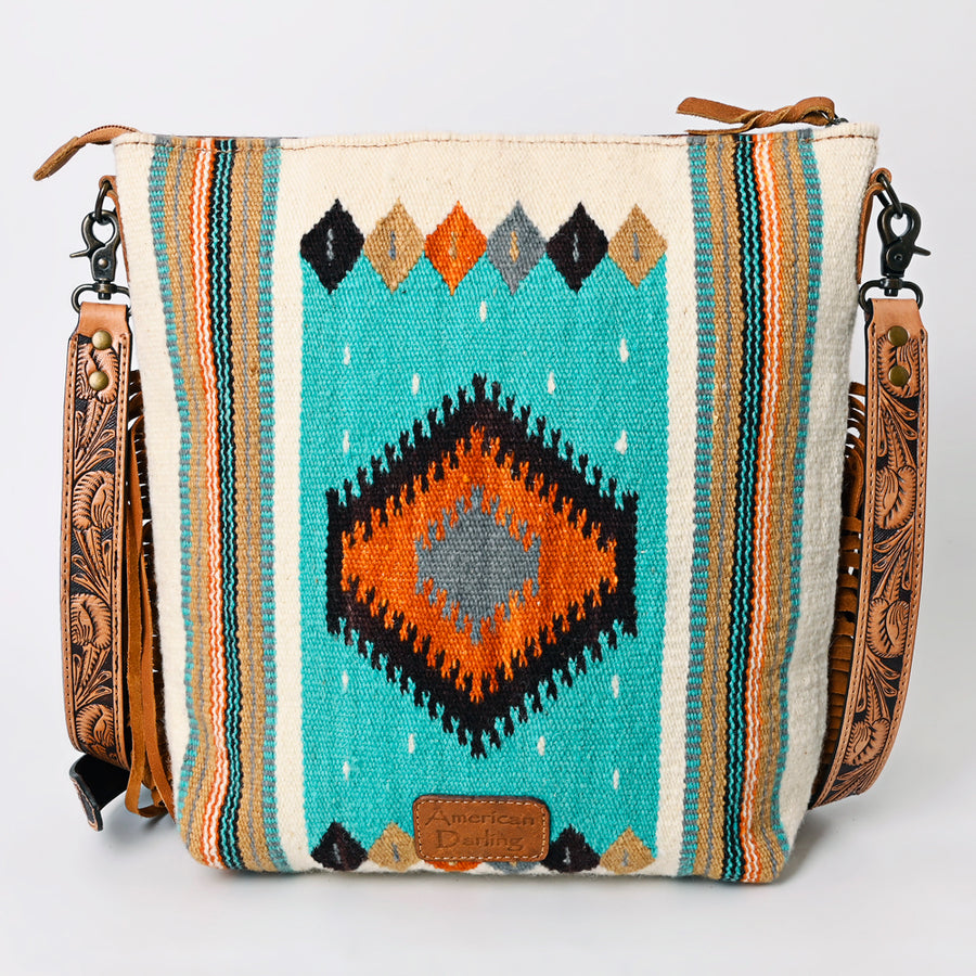 American Darling Signature Cross Body Bag Hand Tooled Floral Carved Leather Woven Saddle Blanket Fringes Genuine Leather