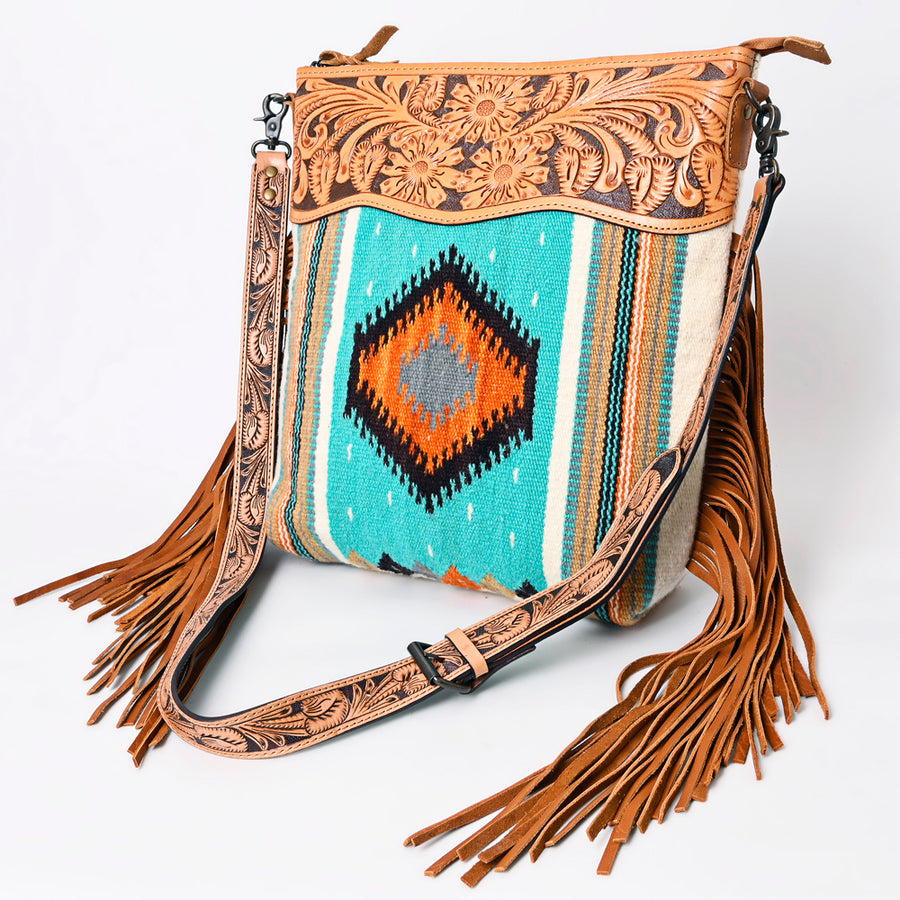 American Darling Hand Tooled Floral and Hand Woven Saddle Blanket Signature Cross Body Bag - Uhorse