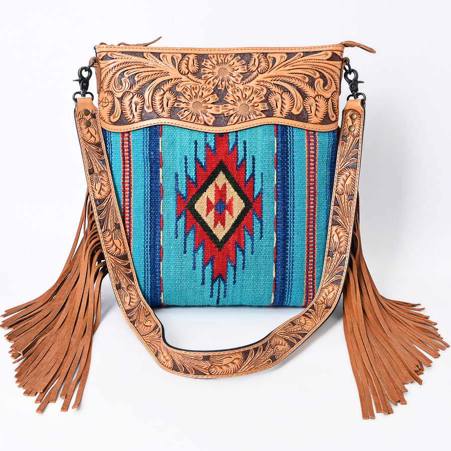 American Darling Signature Cross Body Bag Hand Tooled Floral Carved Leather Woven Saddle Blanket Fringes Genuine Leather