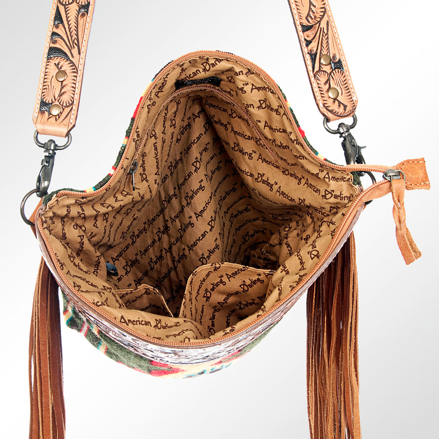 American Darling Signature Cross Body Bag Hand Tooled Floral Carved Leather Woven Saddle Blanket Fringes Genuine Leather