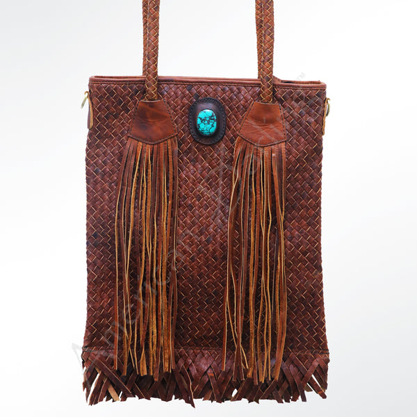 American Darling Turquoise Basket Weave Tote Bag - Fringed Western Leather Handbag - Uhorse