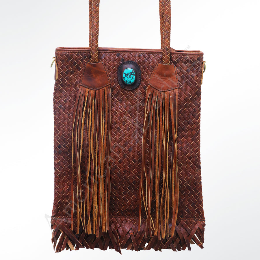 American Darling Turquoise Basket Weave Tote Bag - Fringed Western Leather Handbag - Uhorse