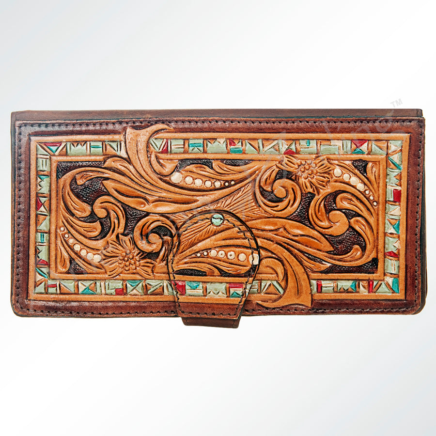 American Darling Wristlet Bag Hand Tooled Floral Carved Vegetable Tanned Western Leather Wallet Purse 4in x 8in