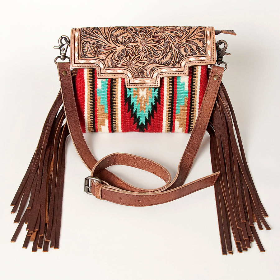 American Darling Cross body Bag Hand Tooled Floral Carved Saddle Blanket Genuine Leather Western Purse with Fringes and YKK Zipper