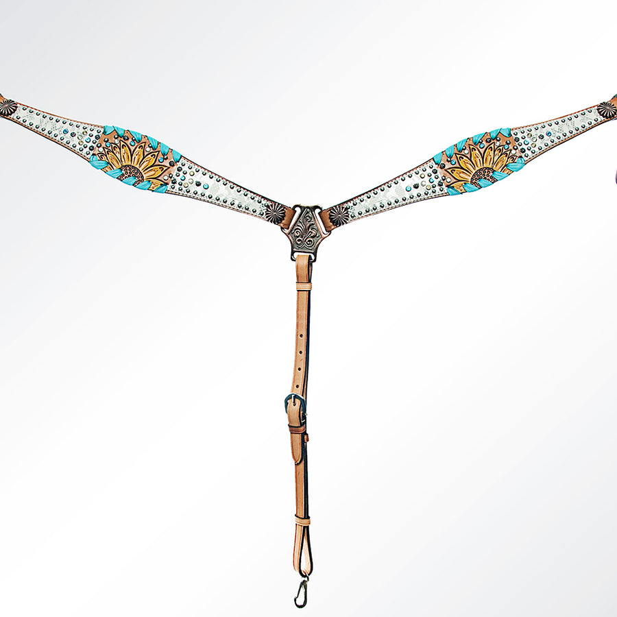 Leather breast collar with turquoise and gold sunburst tooling - Uhorse