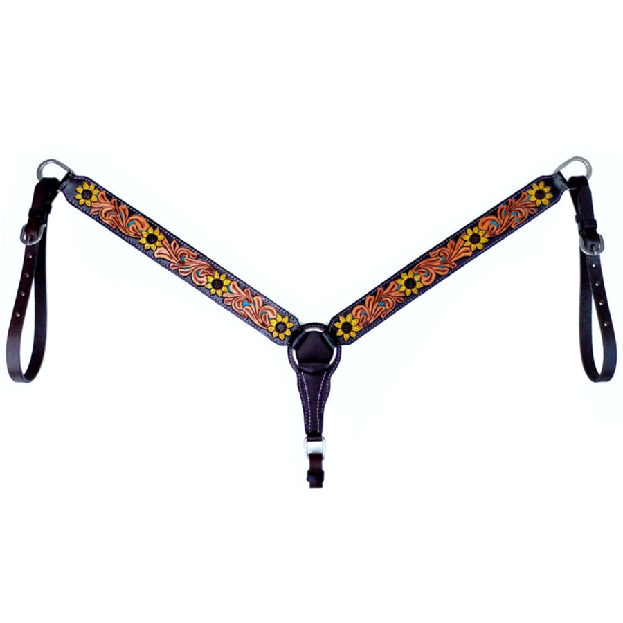 Bar H Equine Sunflower Floral Hand Carved Horse Leather Breast Collar Brown - Uhorse