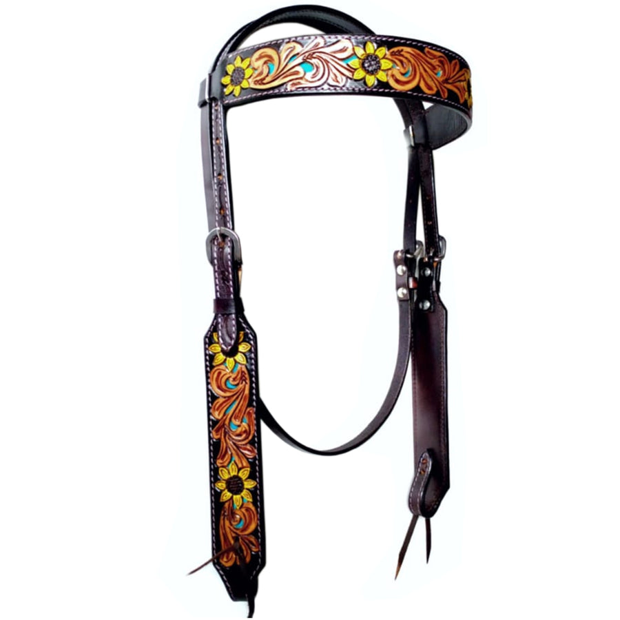Bar H Equine Sunflower Floral Hand Carved Horse Western Leather Headstall Brown - Uhorse