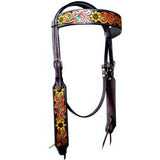 Bar H Equine Sunflower Floral Hand Carved  Horse Leather One Ear Headstall Brown