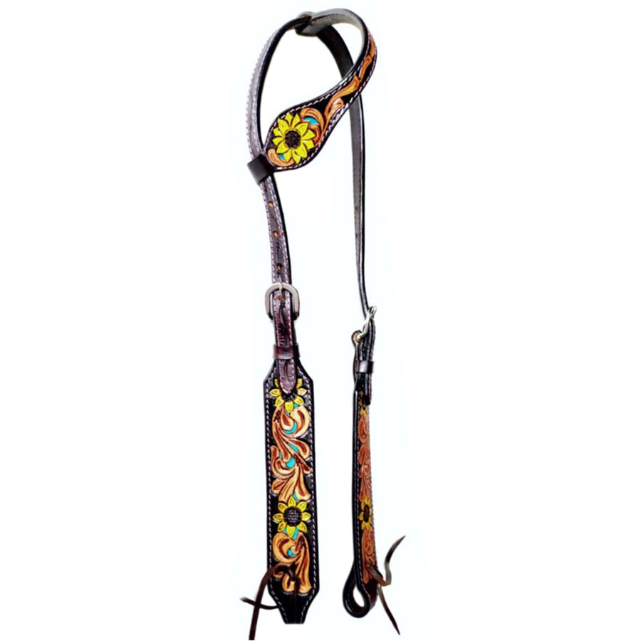 Bar H Equine Sunflower Floral Hand Carved Horse Leather One Ear Headstall Brown - Uhorse