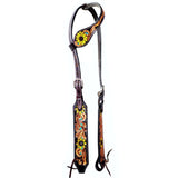 Bar H Equine Sunflower Floral Hand Carved  Horse Leather One Ear Headstall Brown