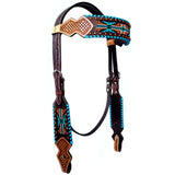 Bar H Equine Horse Leather Turquoise Buckstitch Beaded Hand Carved One Ear Headstall Brown
