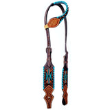 Bar H Equine Horse Leather Turquoise Buckstitch Beaded Hand Carved One Ear Headstall Brown