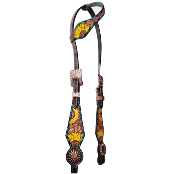 Bar H Equine Horse Leather Pinwheel Sunflower Floral One Ear Headstall Dark Brown - Uhorse