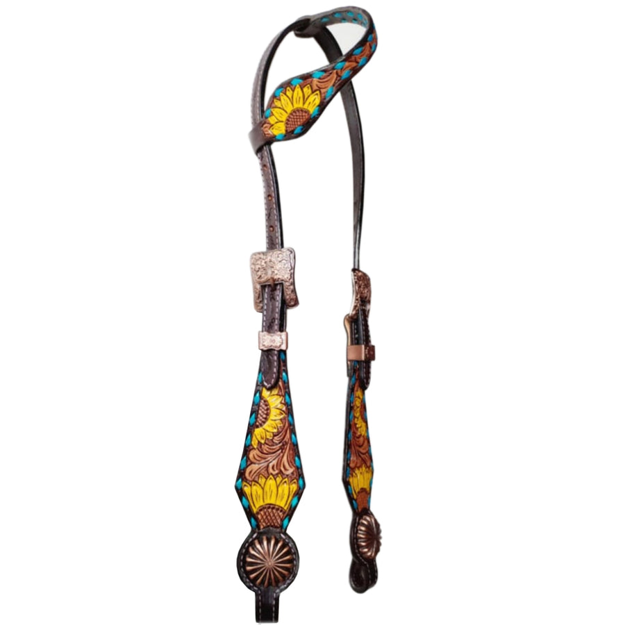 Bar H Equine Horse Leather Pinwheel Sunflower Floral One Ear Headstall Dark Brown - Uhorse