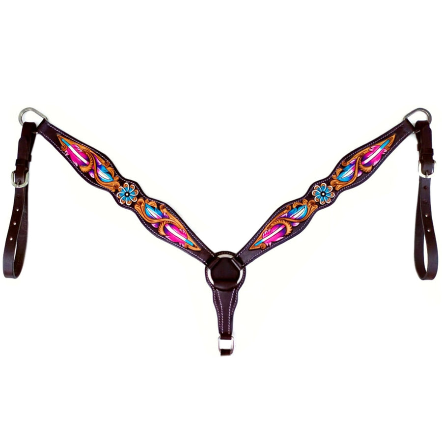 Bar H Equine Horse Leather Floral Feather Breast Collar Dark Brown - Uhorse