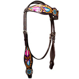 Bar H Equine Horse Leather Floral Feather  One Ear Headstall Dark Brown