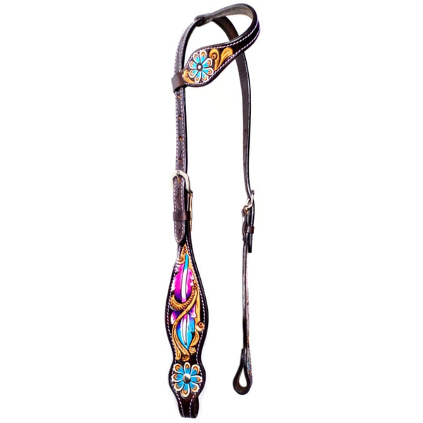 Bar H Equine Horse Leather Floral Feather One Ear Headstall Dark Brown - Uhorse