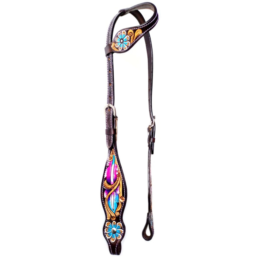 Bar H Equine Horse Leather Floral Feather One Ear Headstall Dark Brown - Uhorse