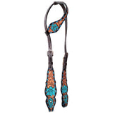 Bar H Equine Horse Leather Turquoise Floral Hand Painted One Ear Headstall Dark Brown