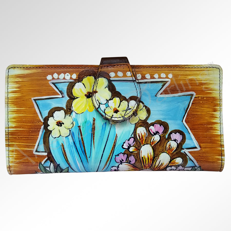 Wooden wallet with painted floral design and leather handle - Uhorse