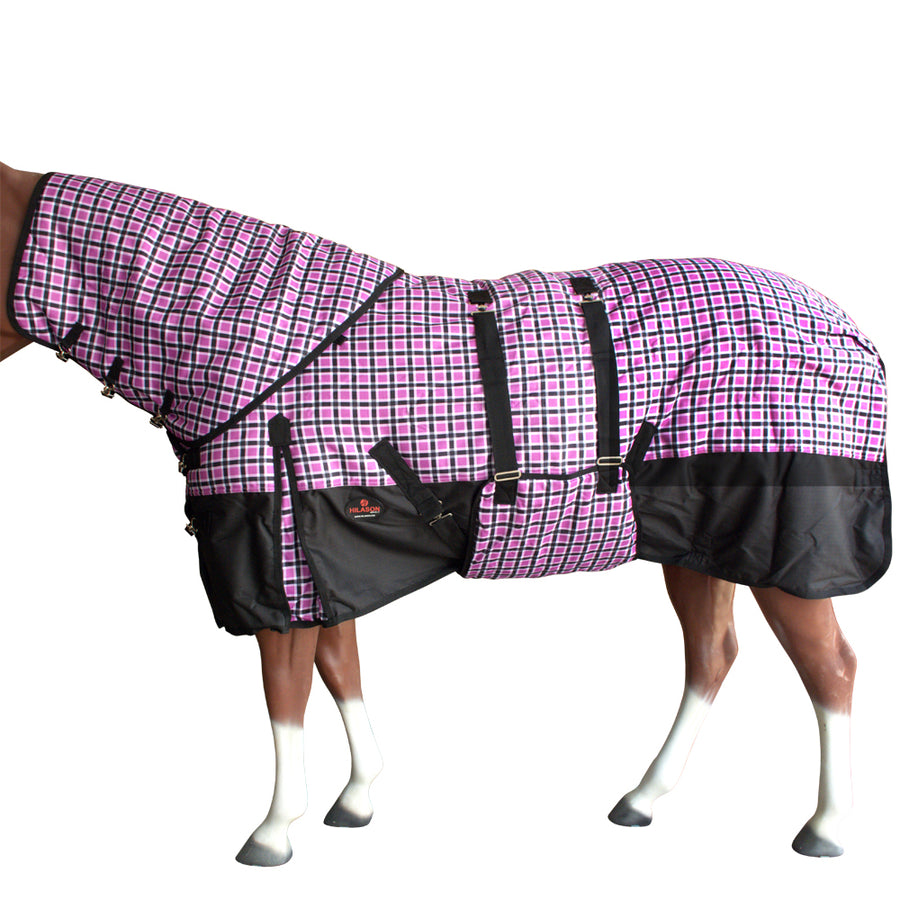 84" Hilason 1200D Waterproof Horse Hood Neck Turnout Blanket Belly Wrap Plaid - Uhorse