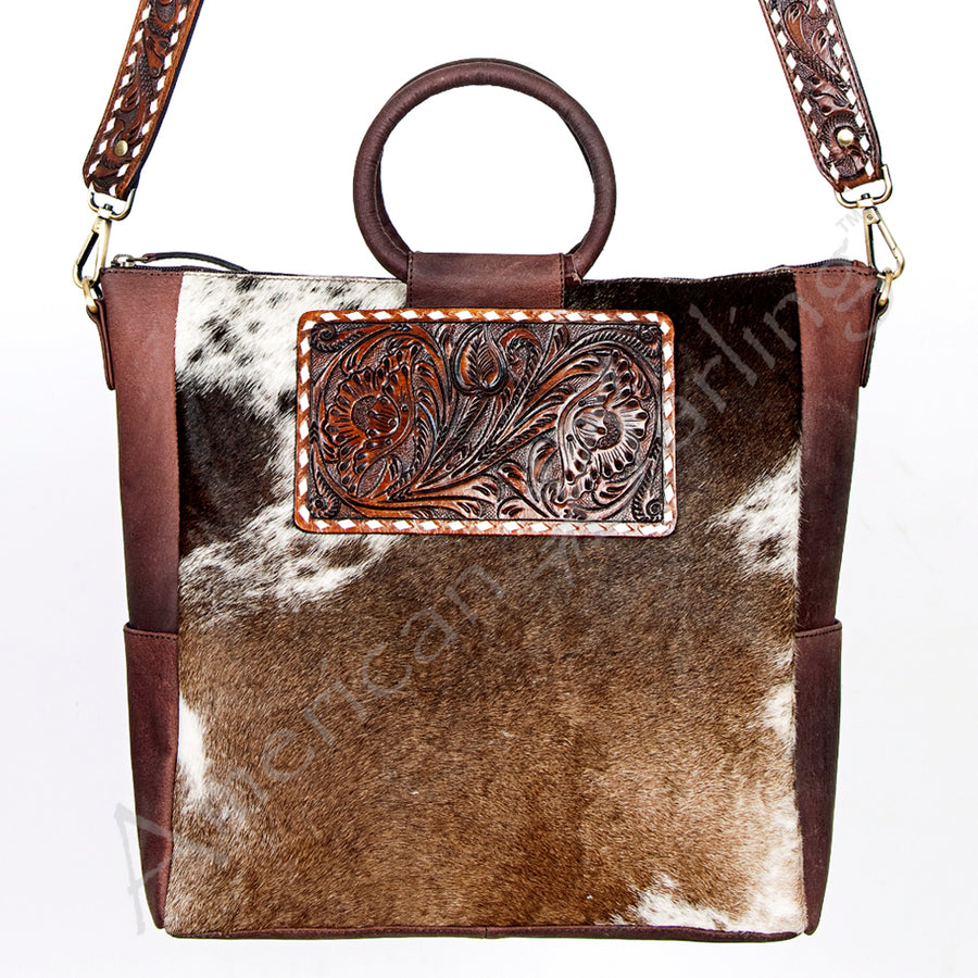 American Darling Hand-Tooled Leather Tote Bag, Hair-On Cowhide Western Purse, Buck Stitched, 14in (H) X 13.25in (W) X 4.25in (D)