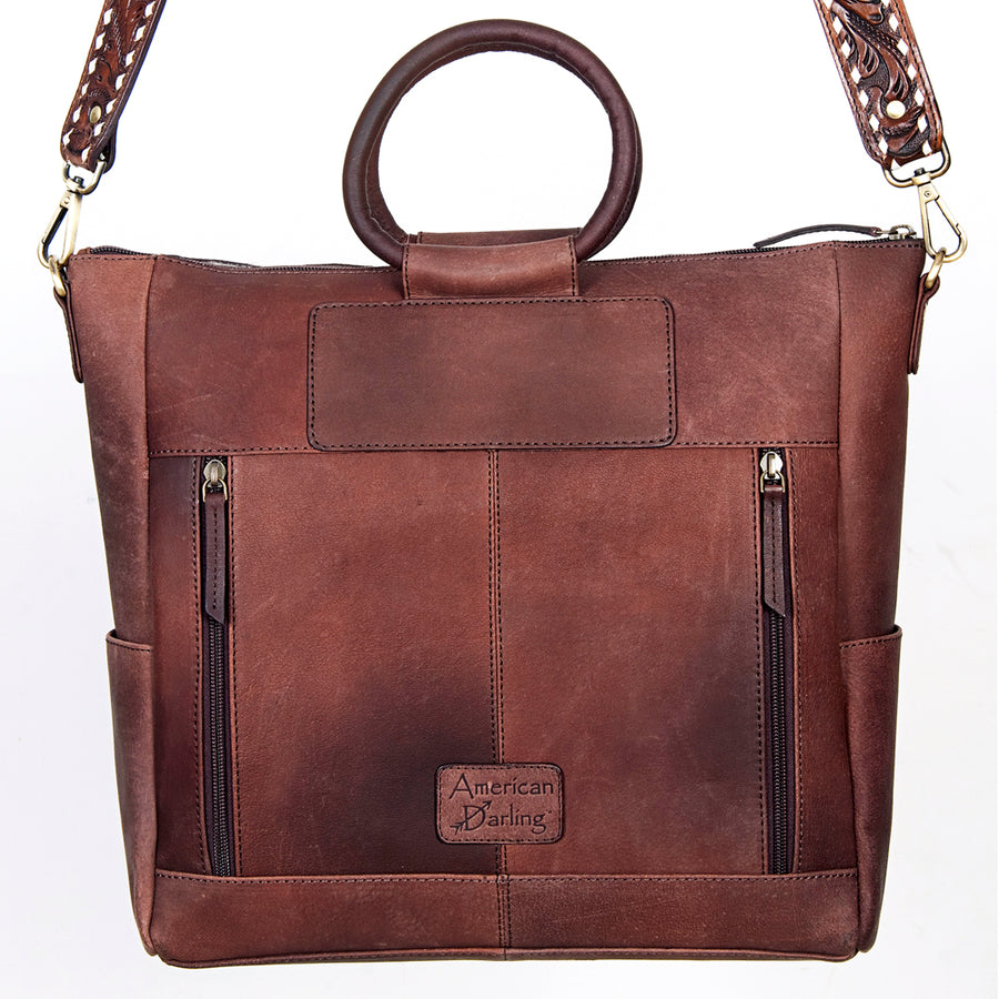 American Darling Hand-Tooled Leather Tote Bag, Hair-On Cowhide Western Purse, Buck Stitched, 14in (H) X 13.25in (W) X 4.25in (D)