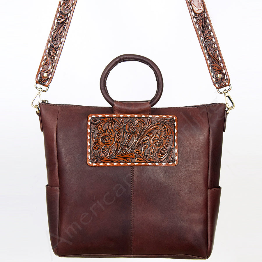 American Darling Hand-Tooled Leather Tote Bag, Hair-On Cowhide Western Purse, Buck Stitched, 14in (H) X 13.25in (W) X 4.25in (D)
