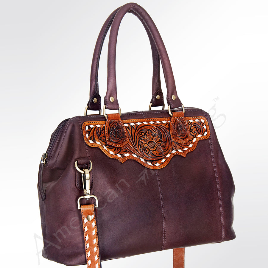 American Darling Western Hand-Tooled Floral Tote Bag - Buck Stitched Leather - Uhorse