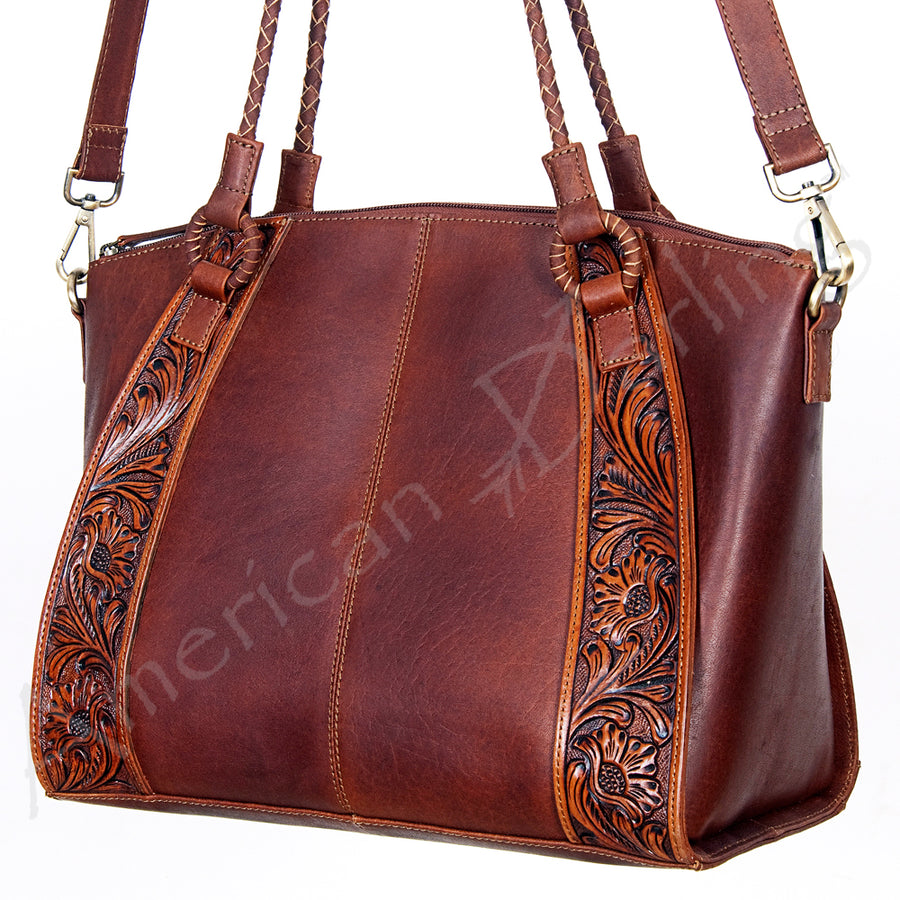 American Darling Western Hair-On Cowhide and Hand-Tooled Floral Tote Bag - Uhorse